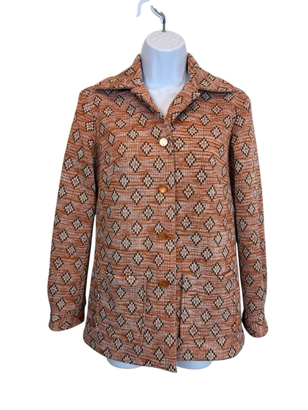 Vintage Koko Jacket Womens Medium Orange Brown Knit Geometric Retro 70s